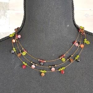 Boho Gold Tone Wire Floating Necklace, 3 Strands Multicolor Beads, Adjustable